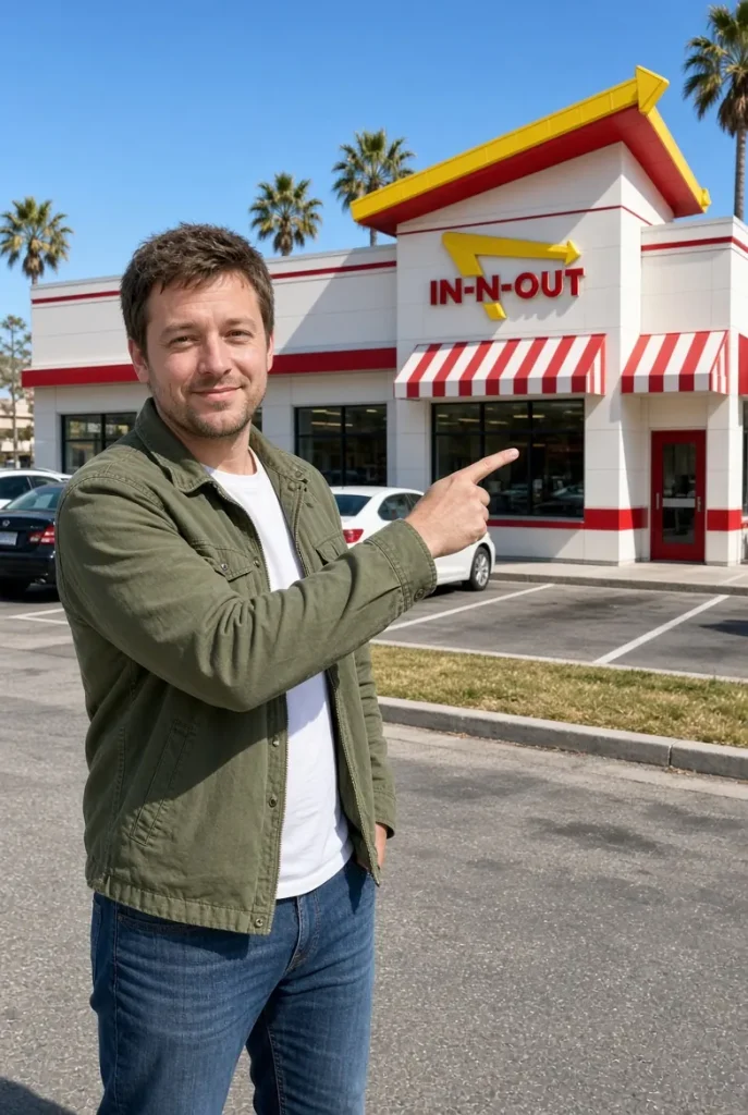 Casey Holt standing outside an In-N-Out restaurant pointing at the store