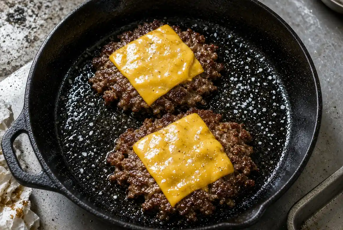 Flying Dutchman In-N-Out: Calories, Price and How to Order (2026) 9 Smash beef patties melting American cheese in a cast iron skillet